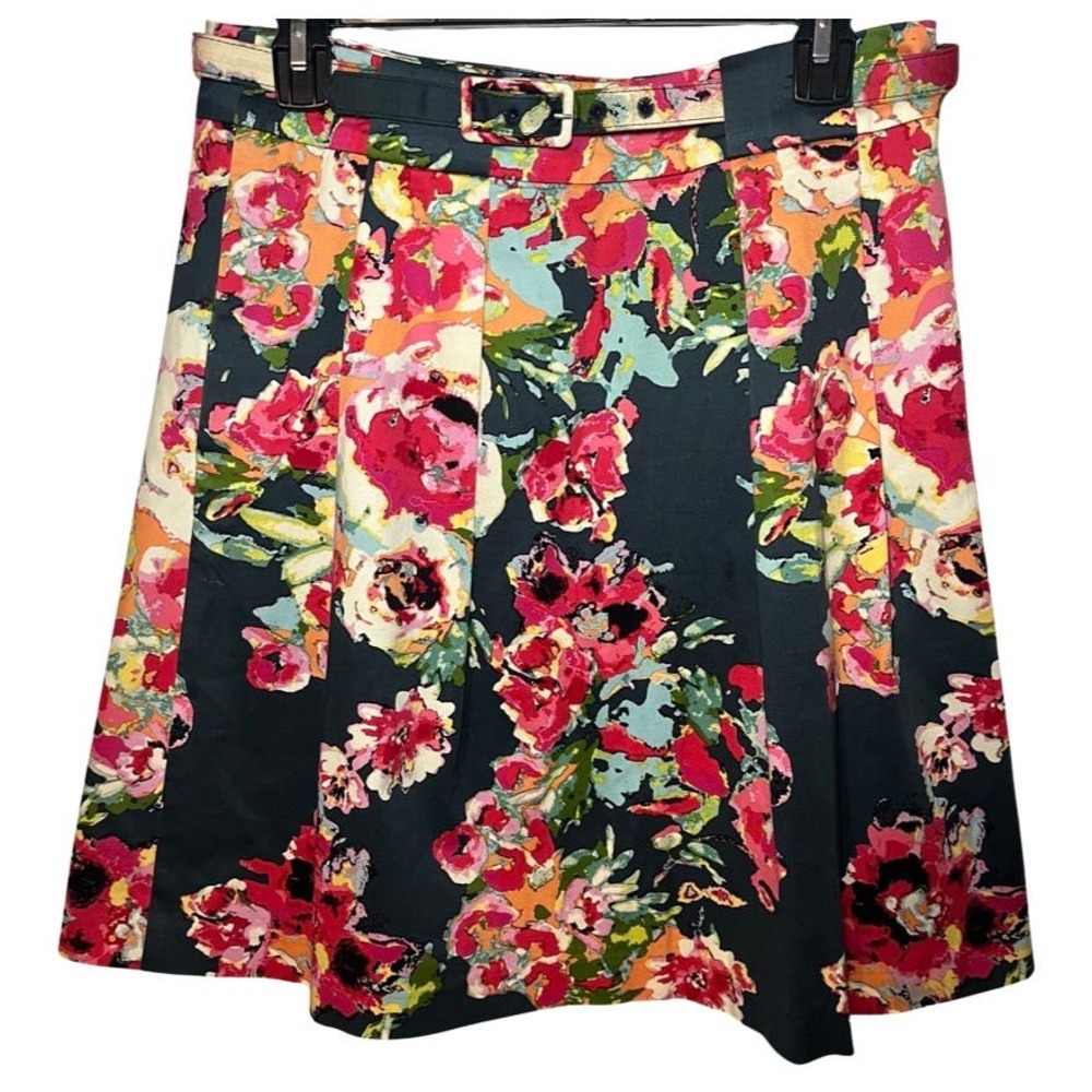 Adrianna Papell Floral Pleated Front A-Line Skirt Belted Pockets Lined …